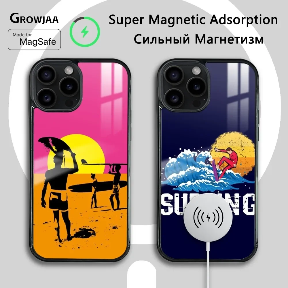 Surfboard Surfing Art Phone Case For iPhone 16 15 14 13 12 11 Pro Max Plus Mini Magsafe Mirror Wireless Magnetic Cover