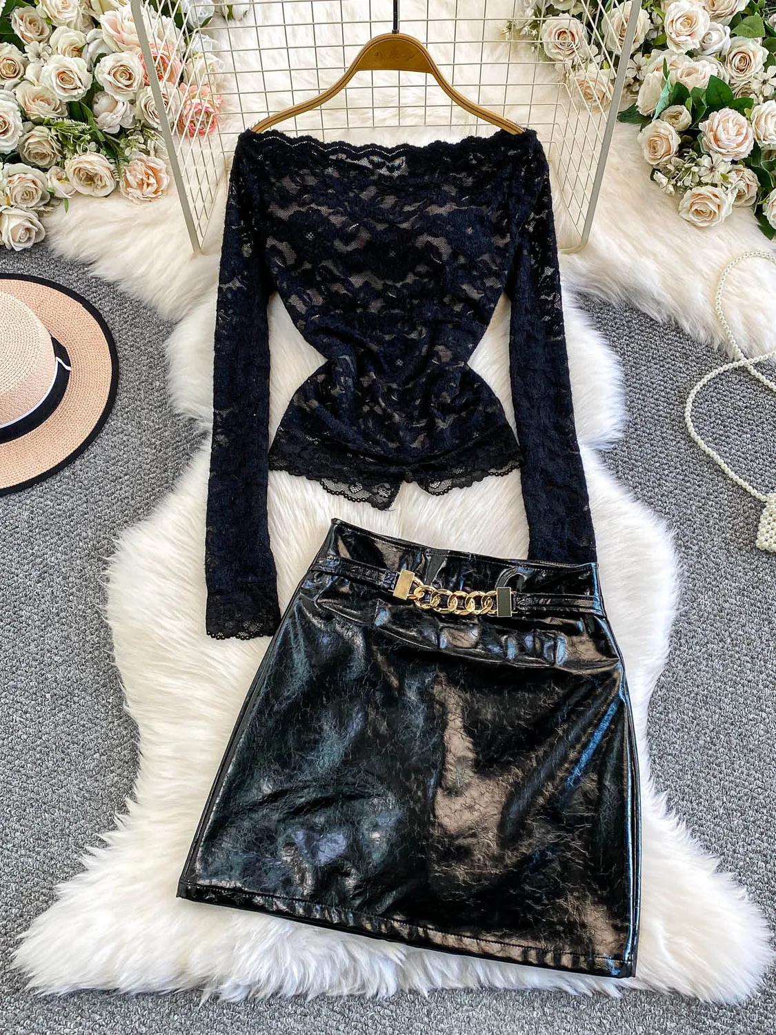 

Сексуальный кружевной ажурный топ с узлом, круглый топ, утягивающая юбка с высокой талией, комплект из двух предметов для молодых женщин, зимняя мода