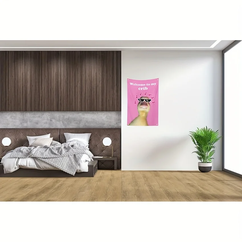مرحبًا بكم في علم My Crib Duck - نسيج وردي مع تصميم "Welcome to My Crib"، مخيط مزدوج، 4 حلقات نحاسية