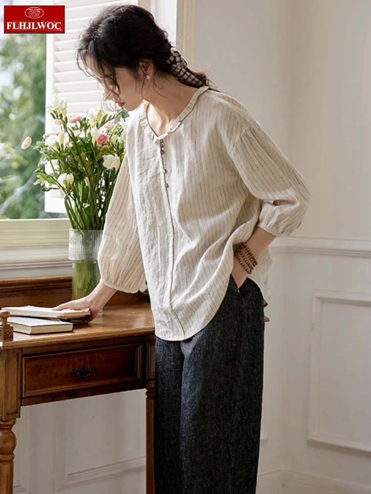Chanvre coton mélanges hauts Blouses nouveau Mori filles femmes été mince confortable décontracté rayé chemises volants rétro Vintage haut