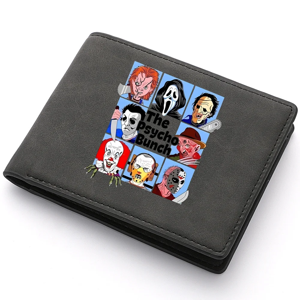 Carteira curta masculina de Stephen King, carteira macia de couro PU com zíper, bolsa de moedas multifuncional, filme de terror, cartões de crédito e moedas