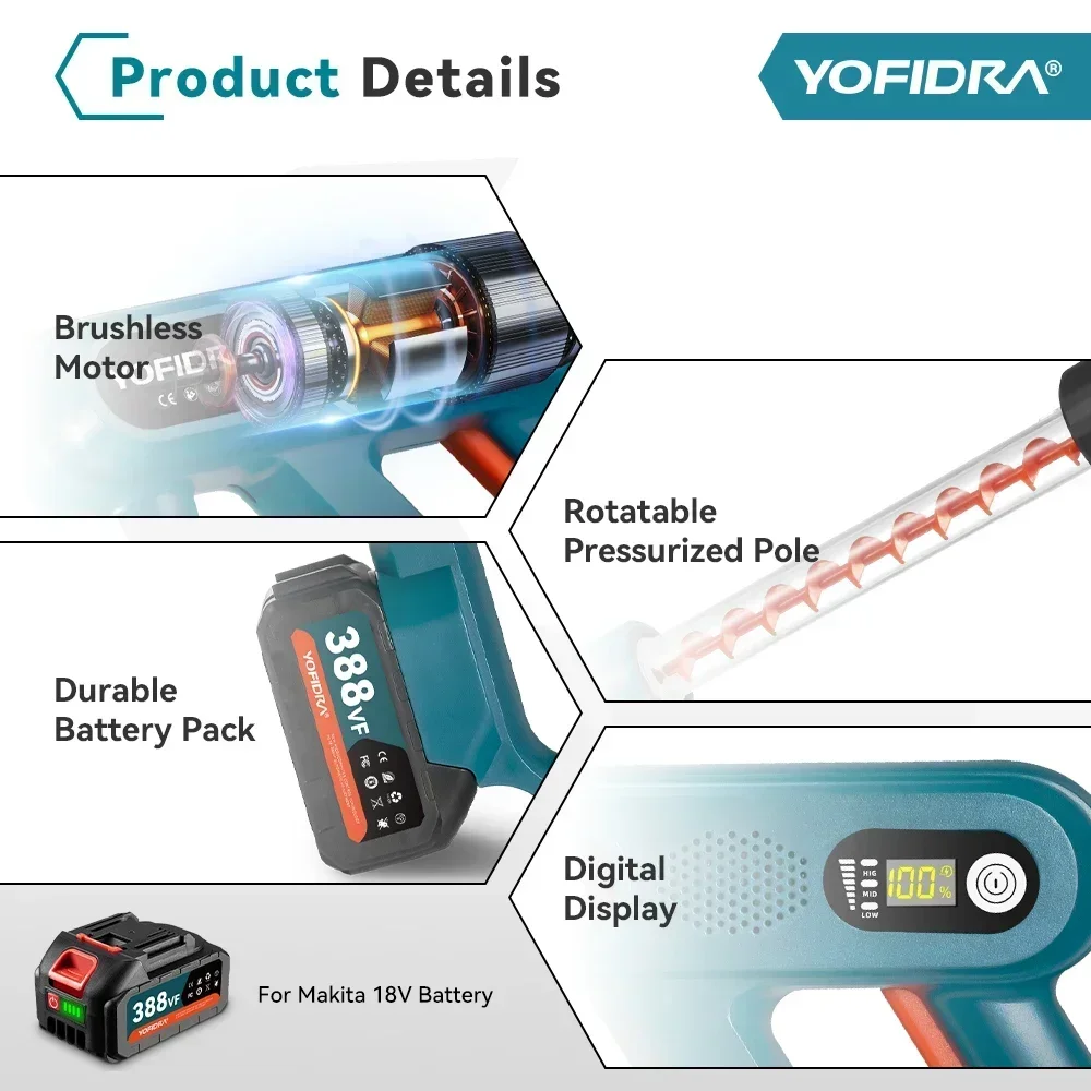 YOFIDRA 220Bar Brushless Electric High Pressure Washer Gun 3 Gear Home Car Washing Water Spray Gun For Makita 18V Battery Pin