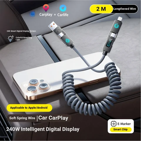 Cavo di ricarica a molla per auto XXM 4 in 1 da 240 W Cavo a molla di ricarica rapida da tipo C a C per iPhone 15 Cavo USB C retrattile per auto