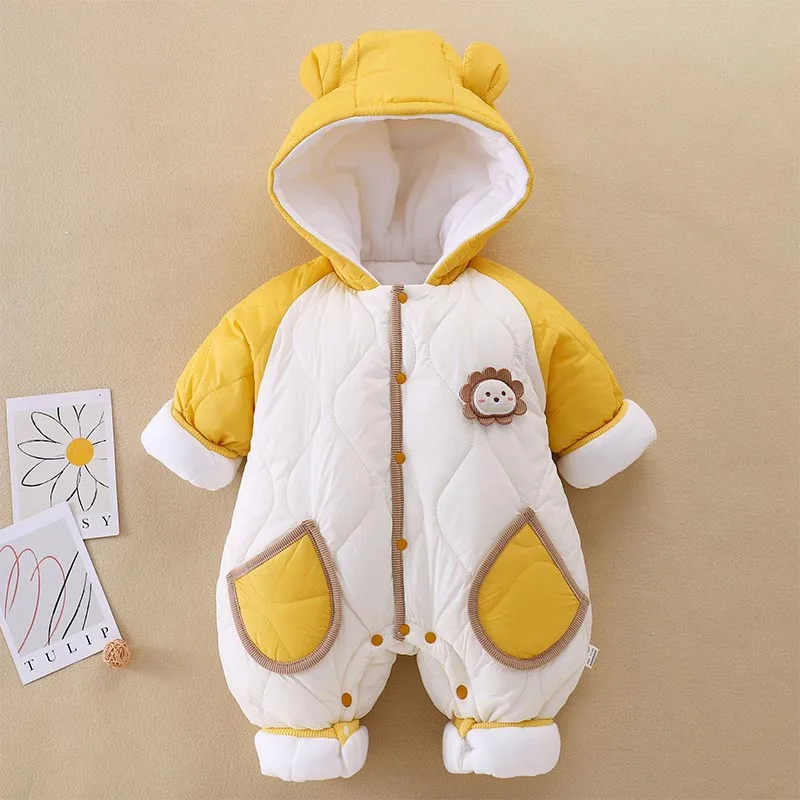 2024 Fall Winter Baby Outwear Clothing Fur Lining Warm Thick Toddler Girl\'s Rompers Cartoon Bear Infant Jumpsuit