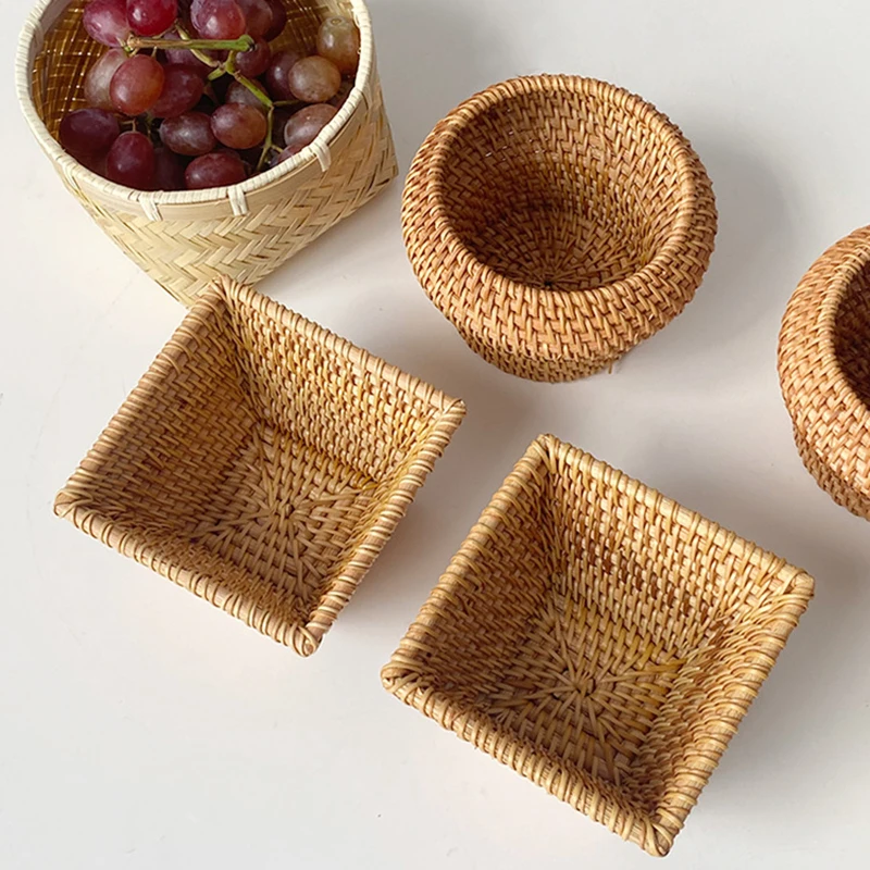 

Small Natural Woven Serving Basket Bowls Decorative Baskets for Snacks Organizing Rattan Fruit Baskets Wicker Storage Bowls