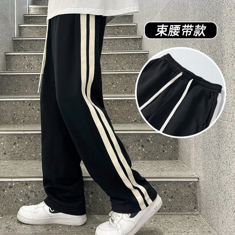 Summer Thin Casual Sports Pants Mens Loose Straight Simple Trousers Korean Patchwork Side Stripe Section Drape Wide-leg Trousers