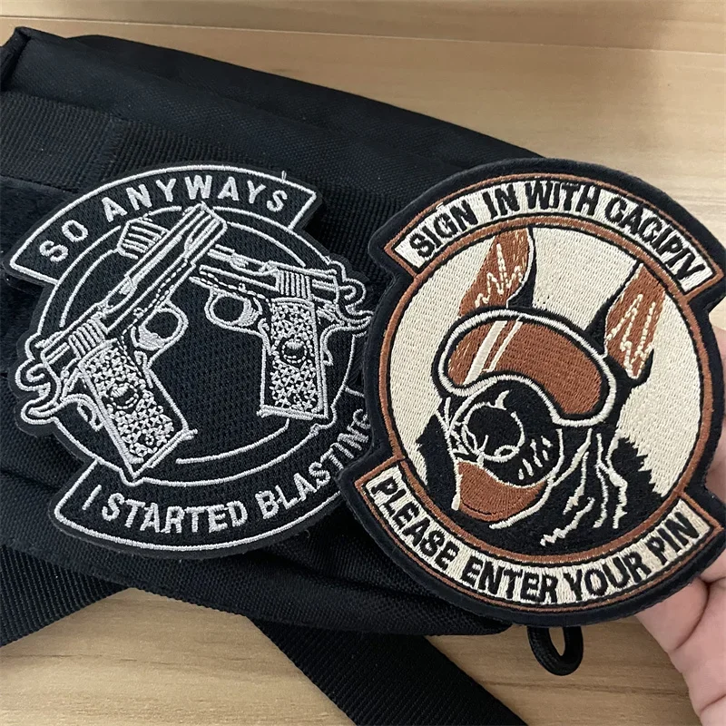 SO ANYWAYS Patches Tactica Glock Double Guns Morale Badge I STARTED BLASTING Embroidered Military Armband Backpack Sticker