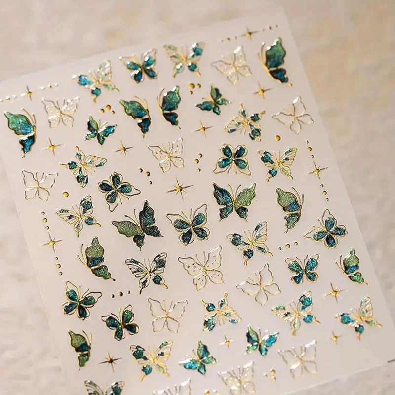 1pc 5D Glossy Embossed Jelly Butterfly Nail Sticker Pastel Blue & Green Cartoon Theme Nail Art Decals Crystal Butterfly Manicure
