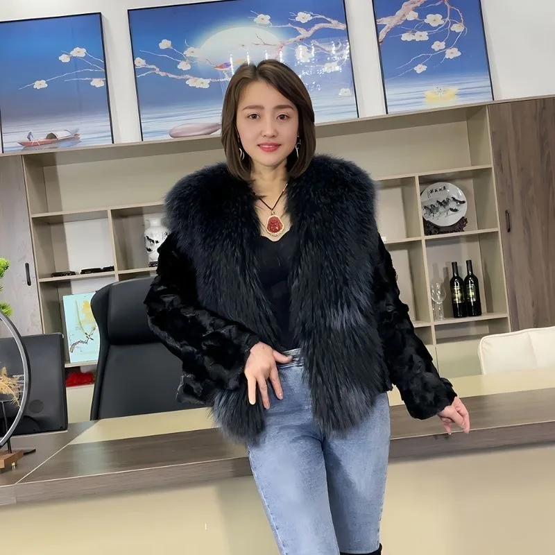 2025秋冬新作 輸入本物ミンクファーコート レディース ショートミンクコート 高品質 ラクーンファー襟付き 本物の毛皮衣料