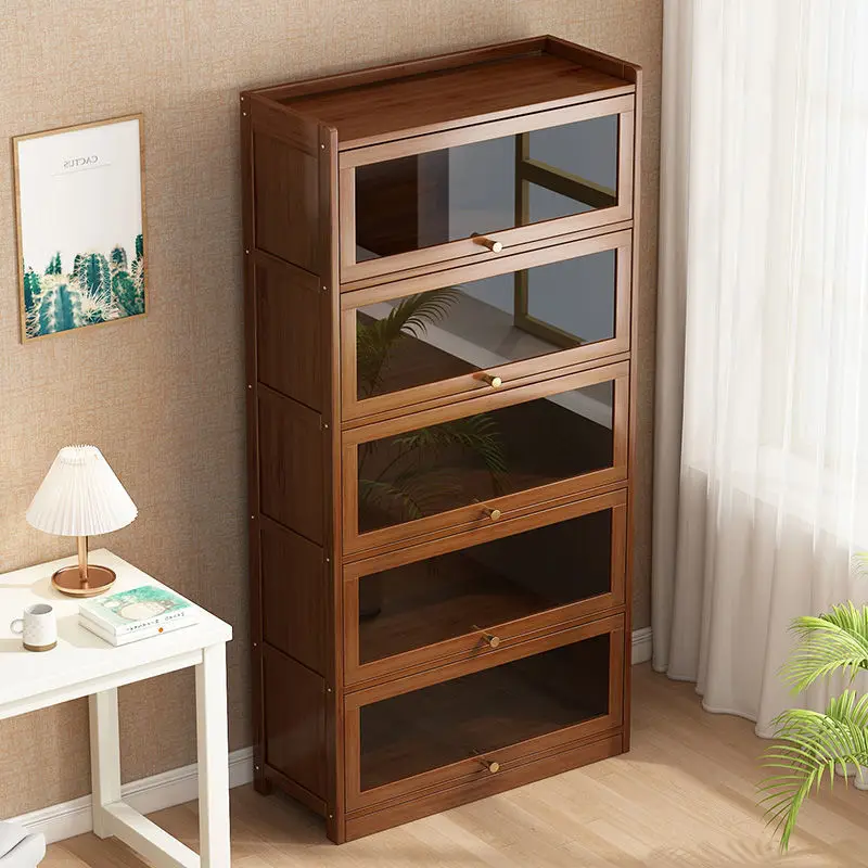 Modern Bamboo Bookshelf Storage Cabinet with Flip Doors 4/5/6 Tier Bookcase for Living Room Bedroom Office image 6