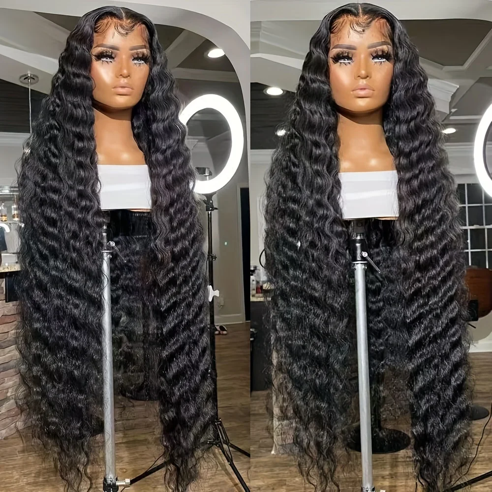 36 38 inch #1B Curly Wave 13x6 Hd Transparent Deep Wave Lace Front Wig Human Hair 220% Density Pre Plucked Brazilian Hair with Baby Hair For Black Women