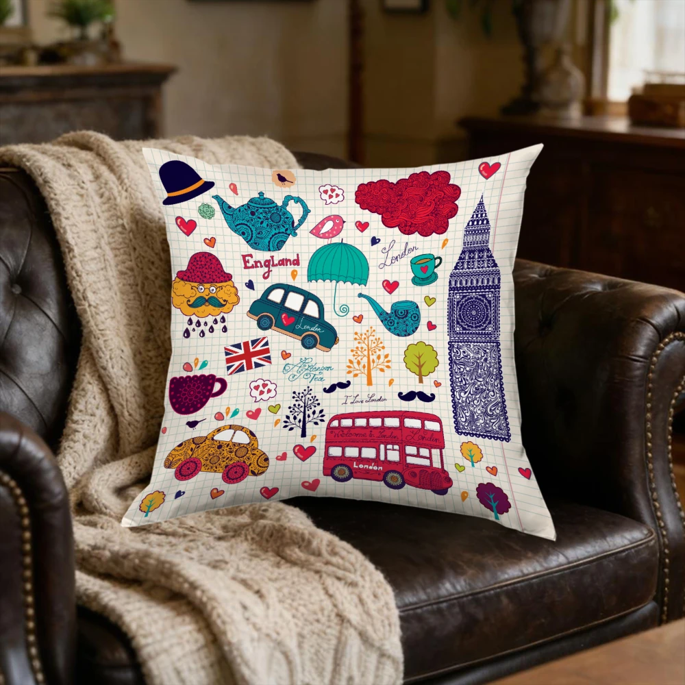 1Pc British Style Multicolor London Bus Big Ben Print Soft Fabric Cushion Cover for Sofa Bedroom Decor