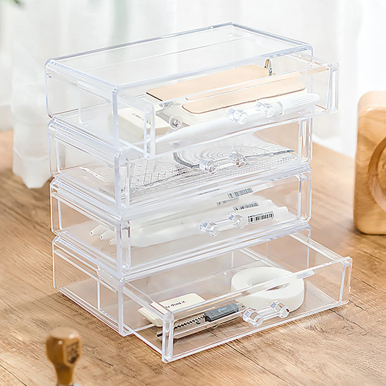 

Прозрачный органайзер для канцелярских принадлежностей с выдвижными ящиками, большой емкости, для хранения косметики и украшений, пылезащитный