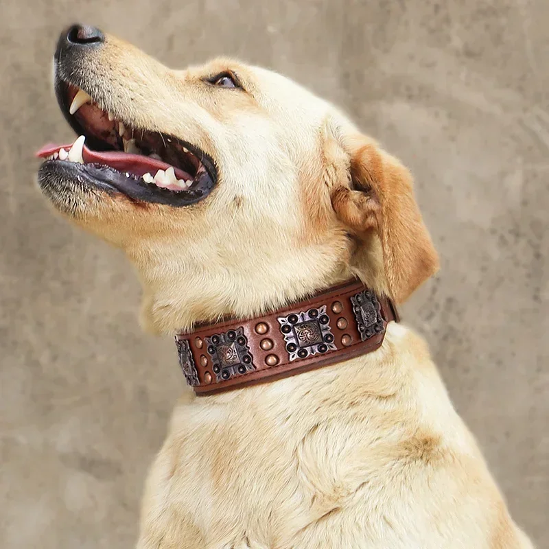 Top Layer Cowhide Leather Rivet Pet Collar Anti-bite Large Dog Collar Labrador Doberman Malinois Collars Dogs Accessories