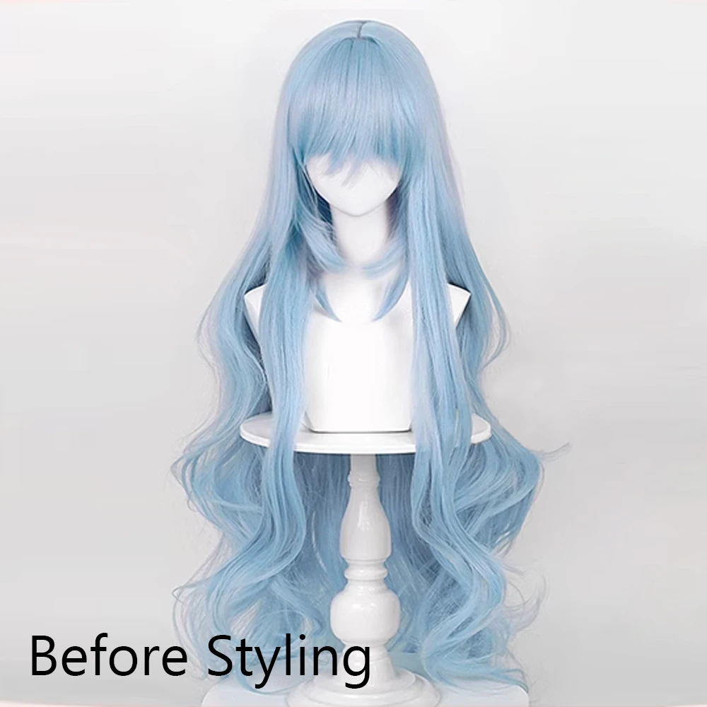 Lange gewellte synthetische blaue Damenperücke mit Pony, flauschiges Anime-Spiel, Cosplay, hitzebeständige Perücke für die tägliche Party – Detail 1