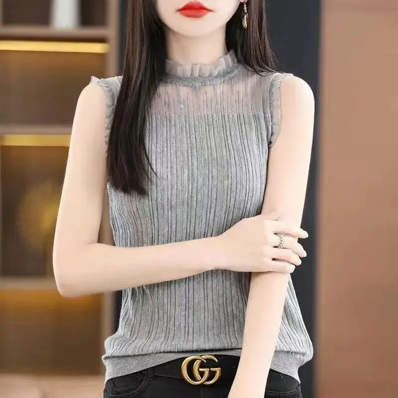 Knitted Vest for Women Hollowed Out Mesh Summer Lace Wooden Ear Edge Ice Silk Sleeveless Top Korean Fashion Clothing