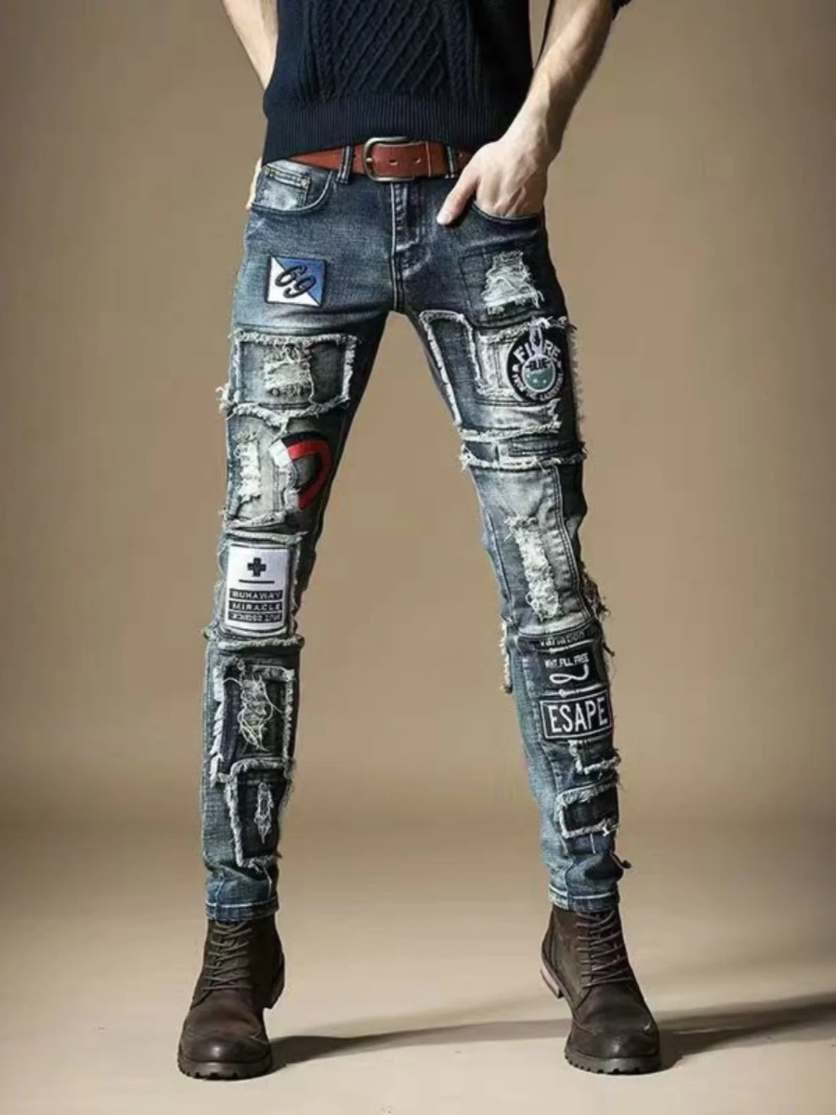 

Faionable Embroidered Ripped Denim Long Pants Men's Trendy Retro Nostaic Slim Fit Elastic Jeans Youthful Vitali Sle