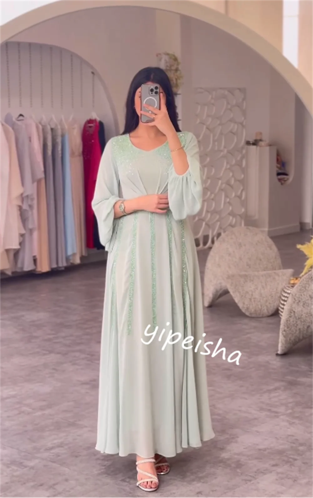 Vestido de noche de gasa con lentejuelas para mujer, traje Midi con cuello redondo, a medida, ideal para fiesta de graduación, Arabia Saudita