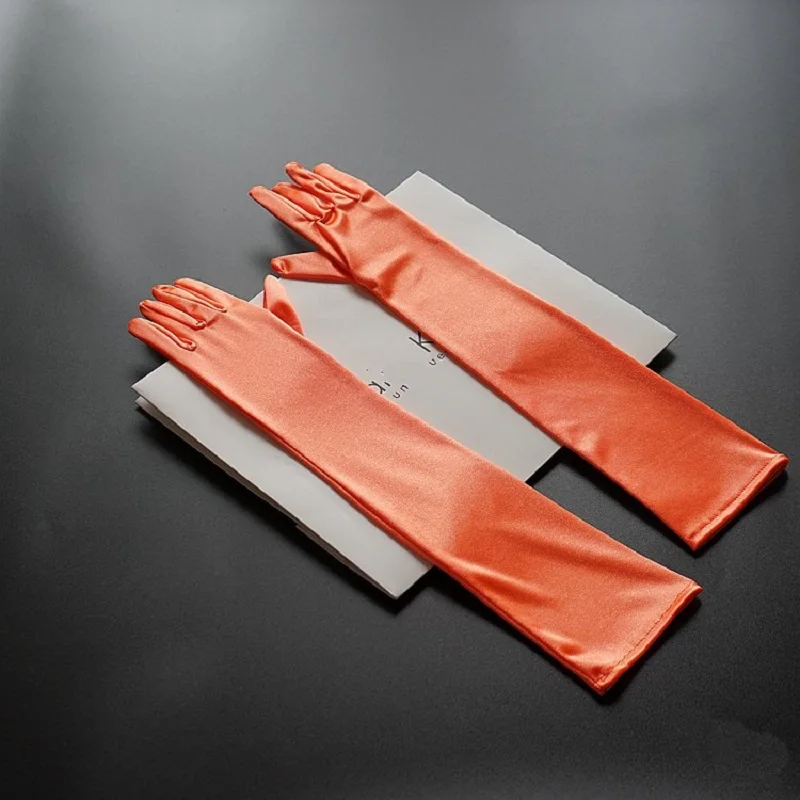 Guantes largos de satén elásticos brillantes, verde, naranja, azul, longitud de ópera, fiesta de graduación Formal, guantes de dedo dorado, gant