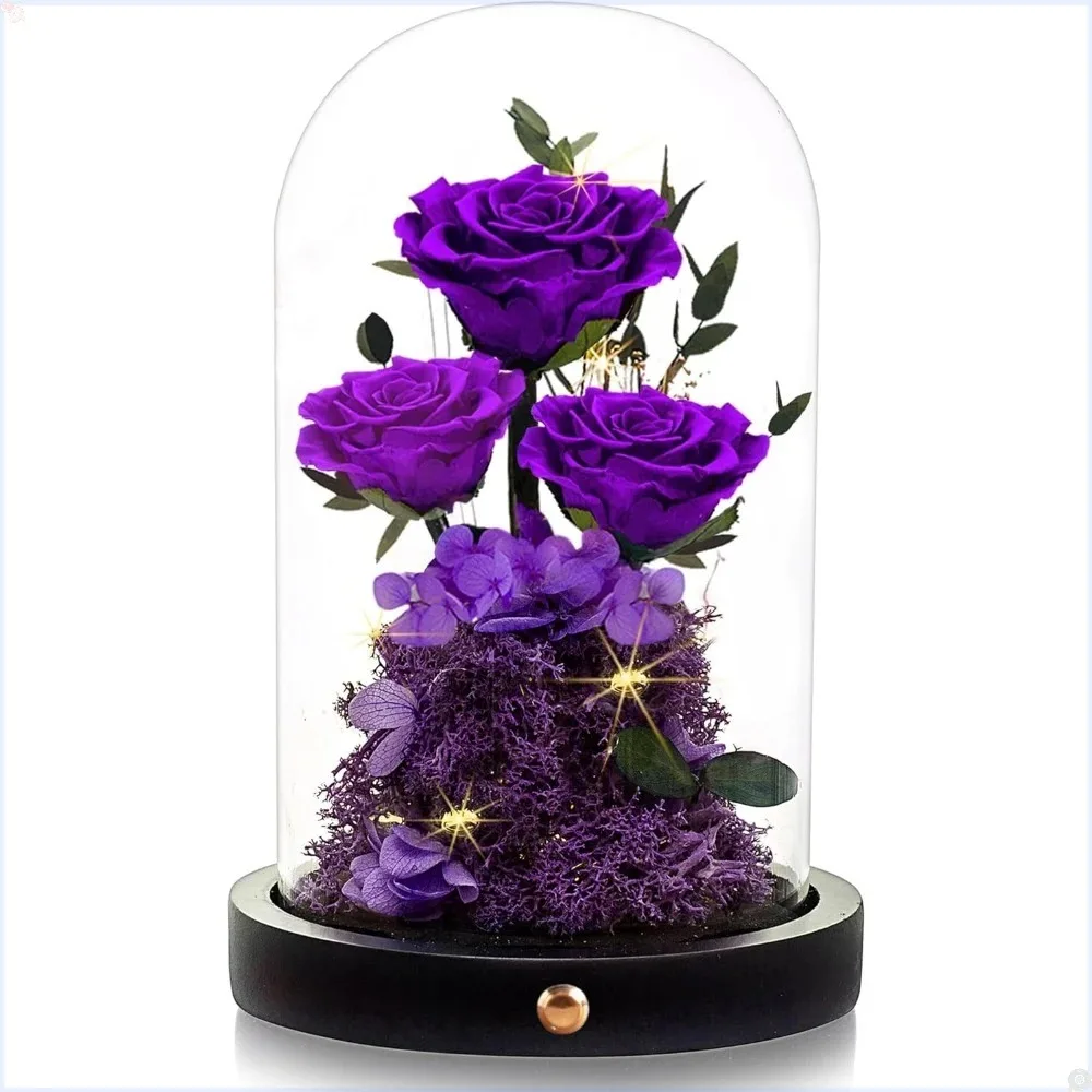 

A gift of fresh roses for Mom or Grandma, an everlasting rose in a glass dome display, perfect Christmas, anniversaries, Purple