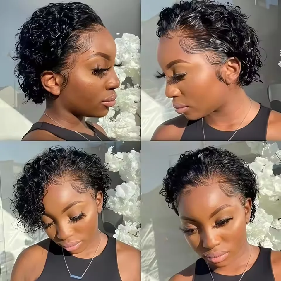 Pixie Cut Wig 13x1 Lace Frontal Wigs Curly Wave Short Bob Human Hair Wigs Natural Black Color Curly Lace Front Wig For Women