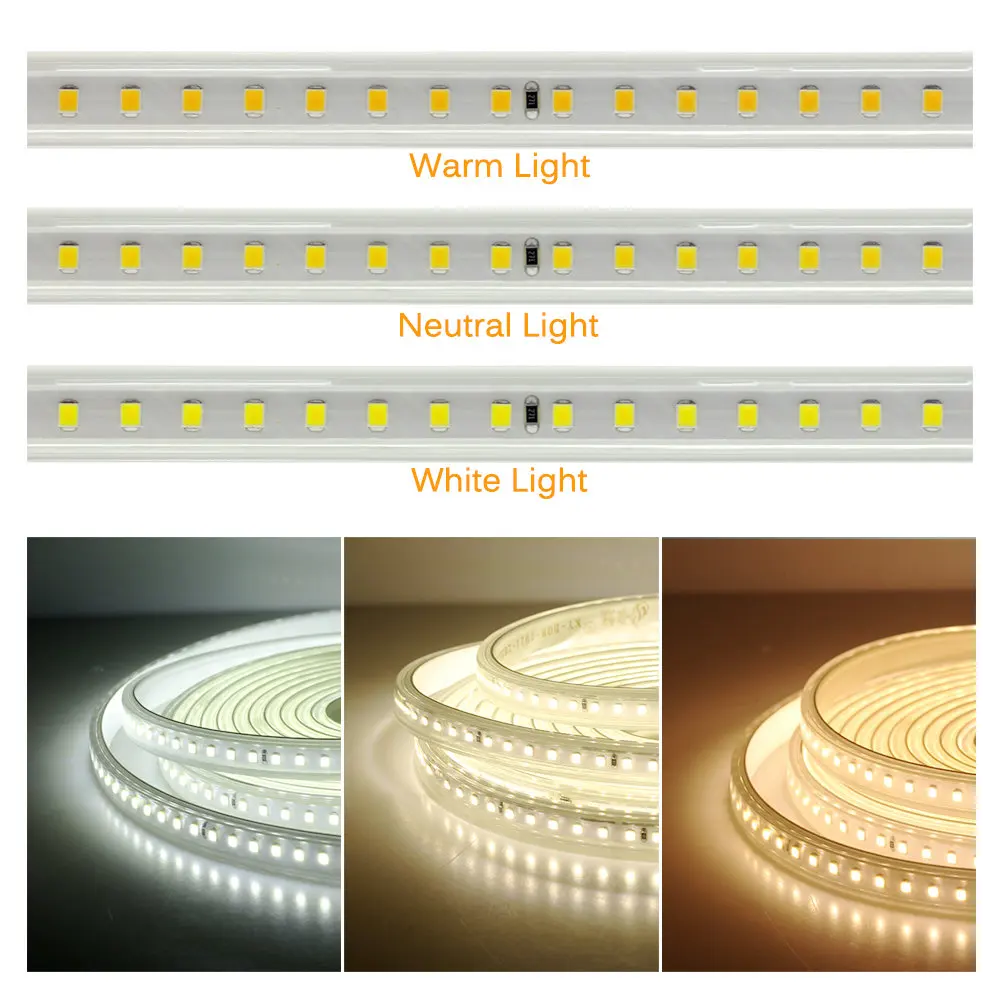 شريط إضاءة LED مرن عالي الكثافة ، ضوء أبيض طبيعي ، سطوع عالي ، دافئ ، 120 مصباح LED لكل متر ، AC220V ، 2835