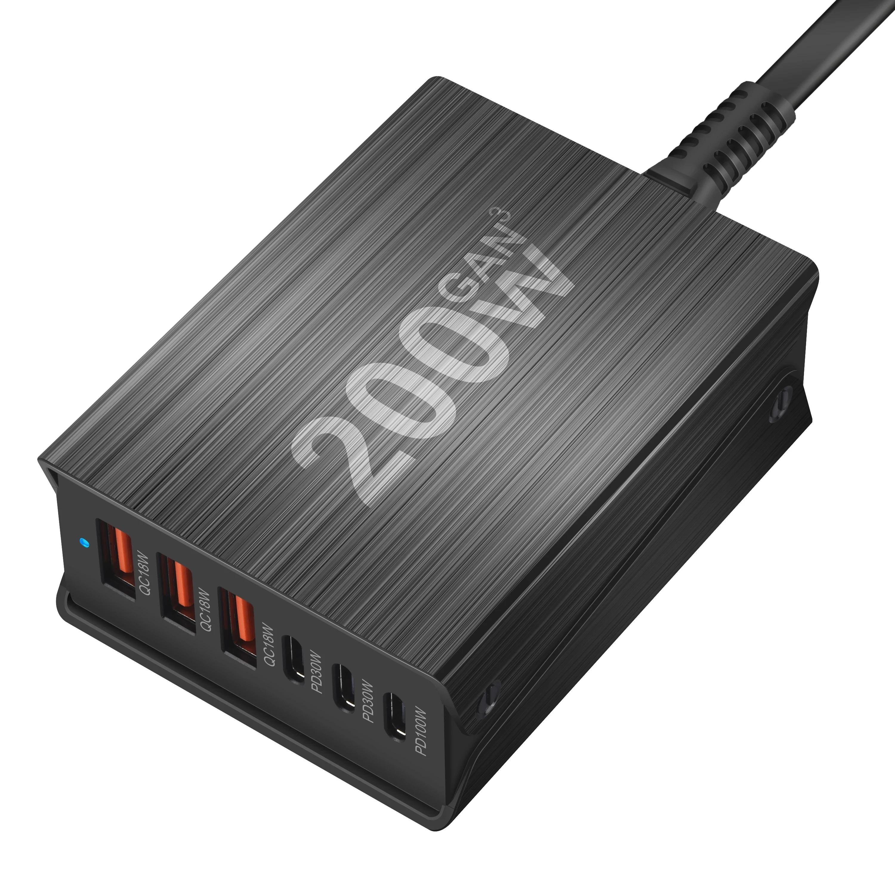 Szybka ładowarka USB C 200W 6-portowa stacja ładująca Hub Kompaktowa ładowarka GaN z zasilaczem dla IPhone Samsung Xiaomi Huawei — zdjęcie 3