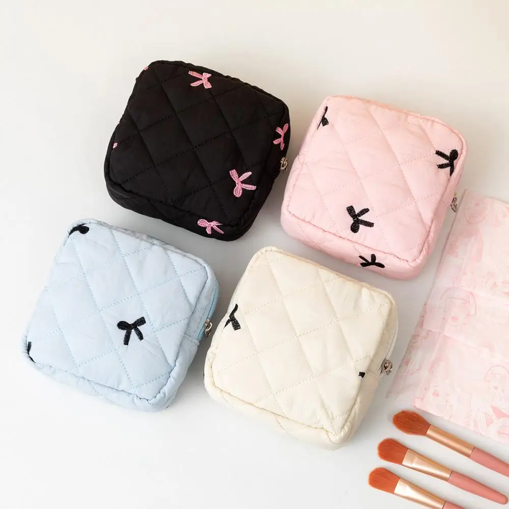 INS Bow Sanitary Napkin Organizer Bag Cute Coquette Makeup Bag Small Quilted Cosmetic Bag Cotton Women's Mini Clutch Bag