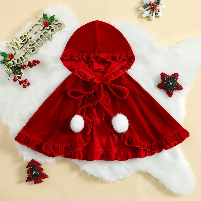 RUEWEY 1 to 5 Years Christmas Kids Girls Cloak Soft Hooded Lacing Frills Cape with Plush Balls for Christmas Party