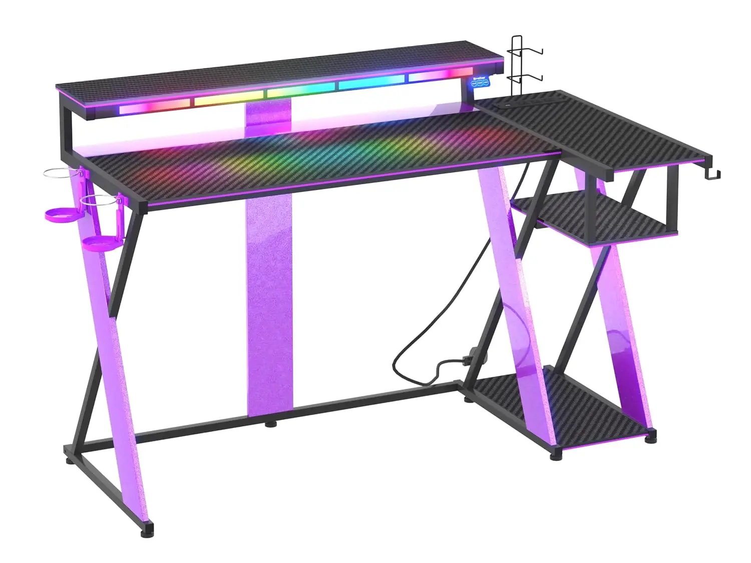 Gaming Desk LED Light Monitor Stand PS5 Storage Shelves Cup Holder Headset Hook Small Space 57 Inch, Customized