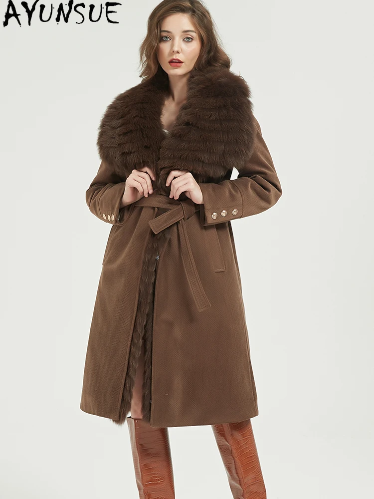 

AYUNSUE 90% куртка на гусином пуху, женская зимняя одежда, длинный плащ 2025 года для женщин, воротник из лисьего меха, новые пальто на шнуровке Пальто Женское