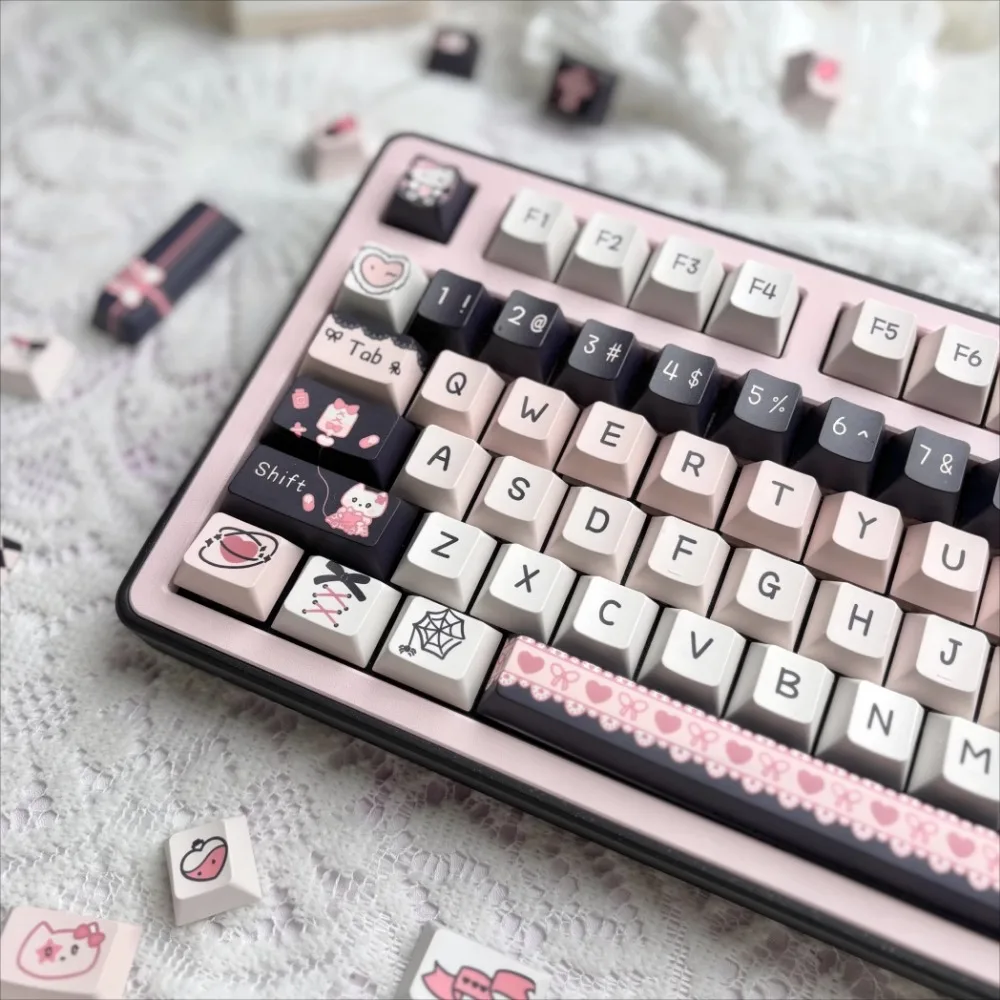 Imagem -02 - Lace Kitten Theme Keyboard Cap Grupo Bonito Pbt Personalizado Girl Keyboard Cap Perfil Moa Gaming Keycap para Teclado Mecânico 130 Teclas