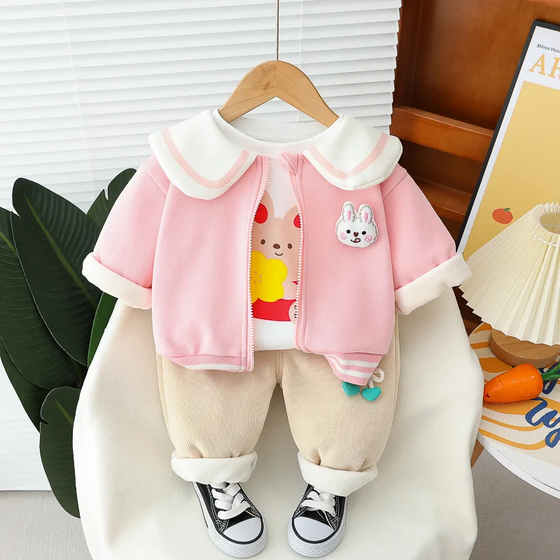 

Children Clothing Sets Baby Girls Warm Plush Coats Sweatshirt Pants Cartoon Rabbit Kids Tracksuit Winter Infant Clothes Outfits