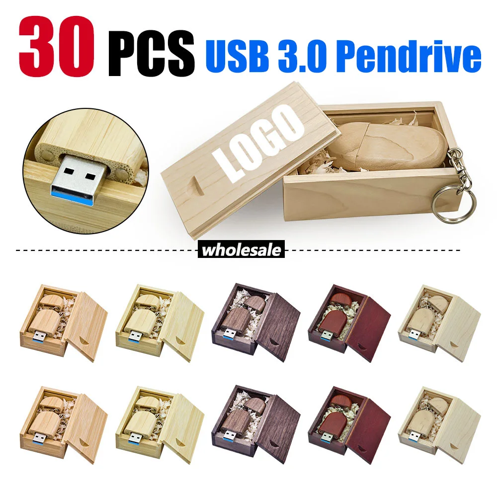 30pcs lot Natural Wood USB 3.0 Flash Drives 128GB 64GB Maple Key Chain Pen Drive 32GB 16GB 8GB Free Custom Logo Memory Stick