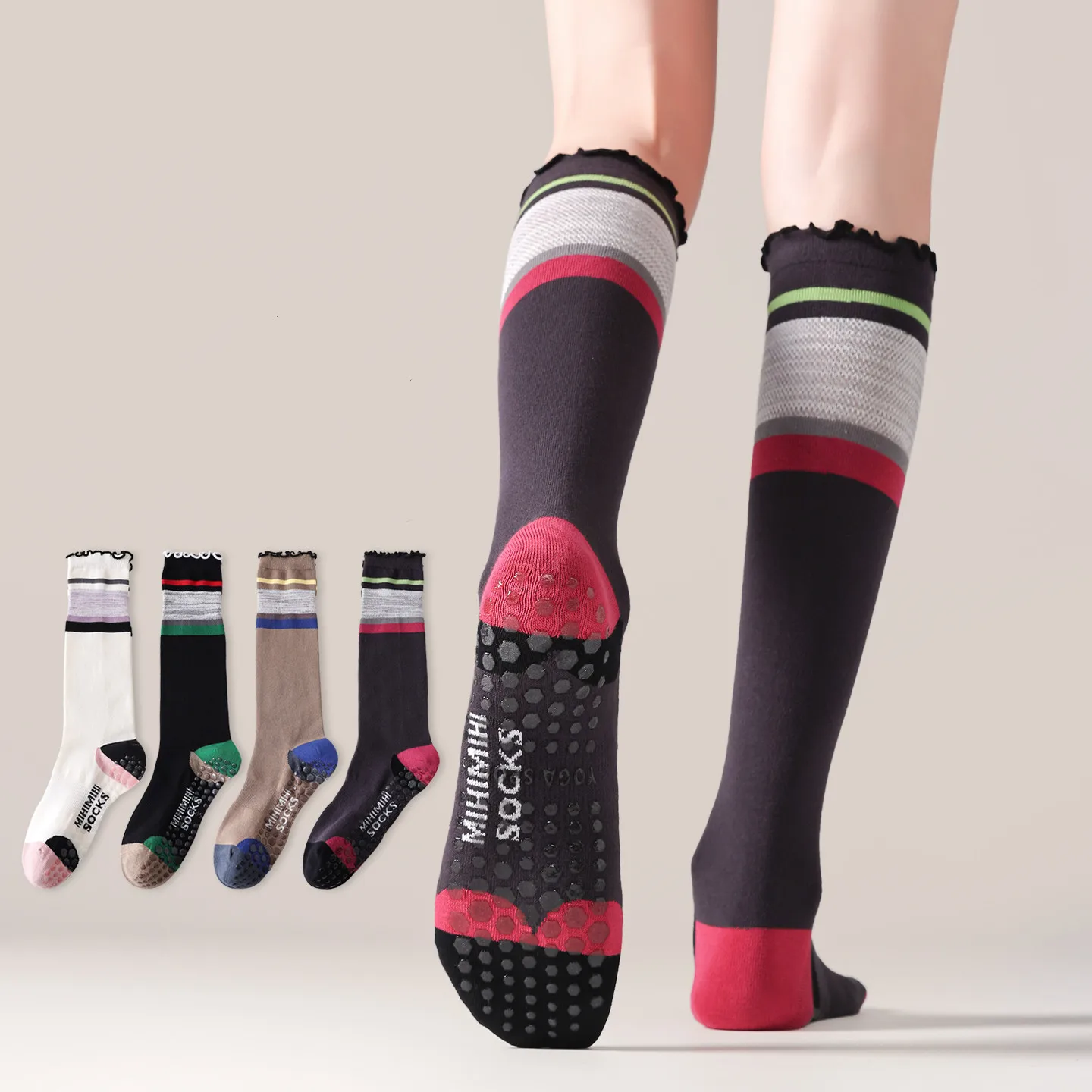 

Носки для йоги, чулки для тренировок в помещении, пол, тренажерный зал, фитнес, носки для пилатеса, силиконовые нескользящие профессиональные женские спортивные длинные носки, носки