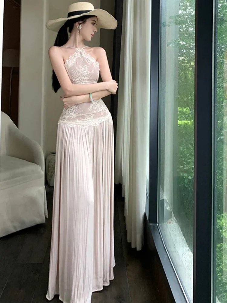 女性ヴィンテージレースホルターロングパーティードレスセクシーなスパゲッティストラップ背中の開いたイブニングウエディングエレガントなノースリーブスリム Vestidos Mujer 新しい