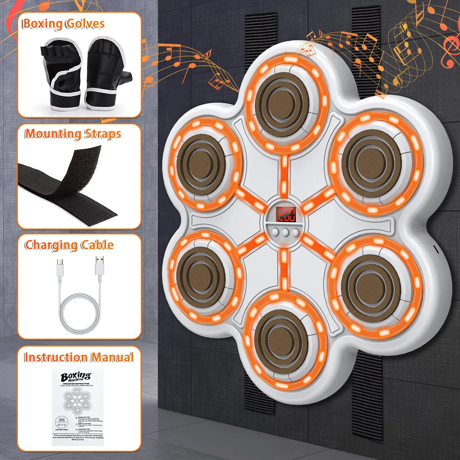 هدف الملاكمة للموسيقى الذكية - مفاتيح بيضاء للجسم باللون البرتقالي، حصيرة EVA خفيفة قابلة للتعديل، معدات الصالة الرياضية المنزلية القابلة لإعادة الشحن عبر USB