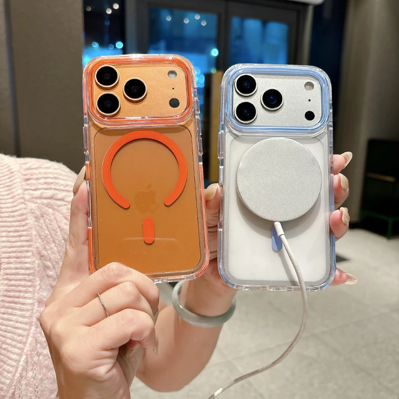 Anti Slip Border Transparent PC Phone Case For iPhone 18 17 Pro Max 15 14 13 12 11 16 Pro Max For Magsafe Magnetic Back Cover