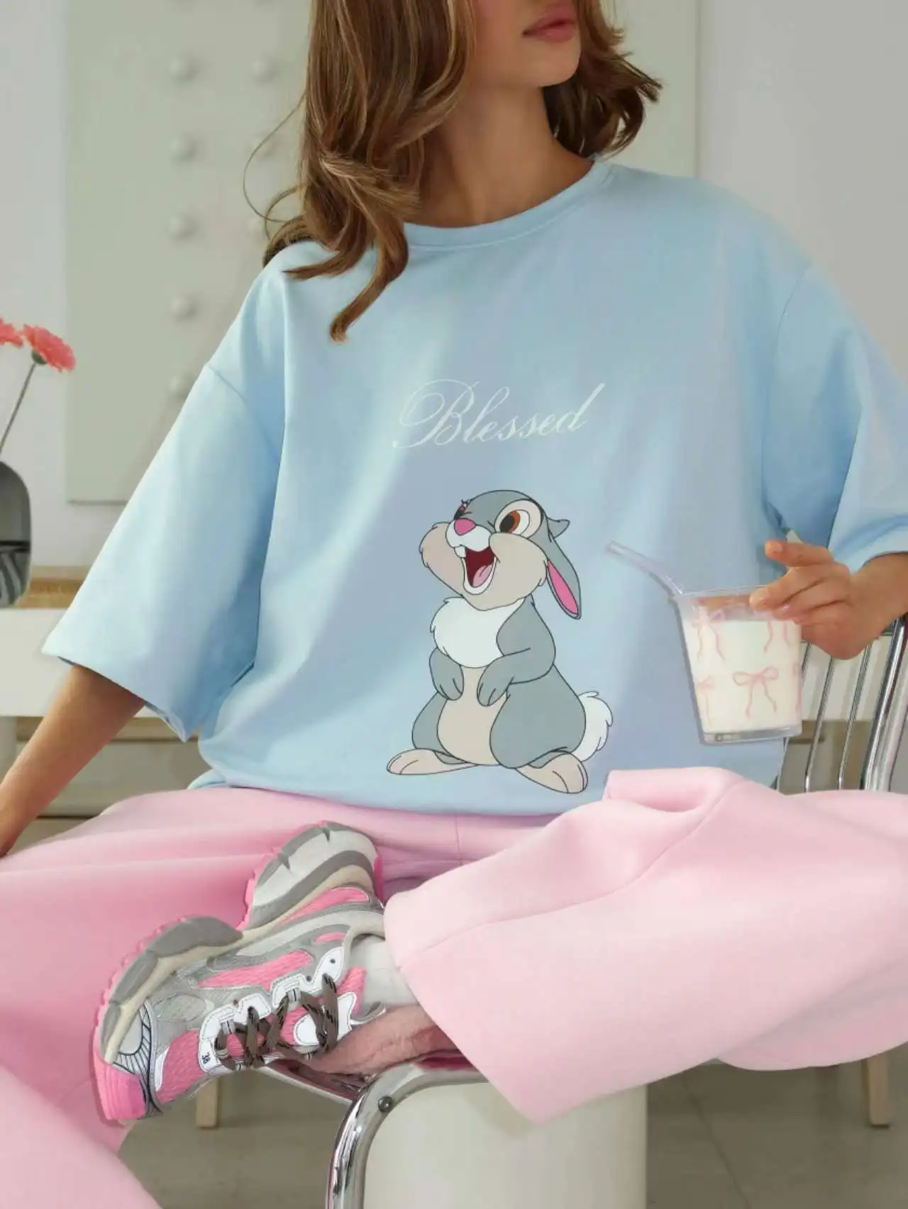 

Kawaii Bunny Print, белая, 100% хлопок, американская повседневная уличная одежда, женская футболка с коротким рукавом и круглым вырезом, футболка большого размера, лето 2025