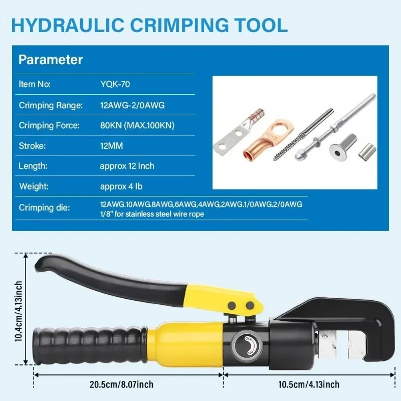 Hydraulic Crimping Tool 6T Electrical Terminal Hydraulic Cable Lug Crimper 12 to 2/0 AWG Hydraulic Hand Crimper Tool with 9 Die