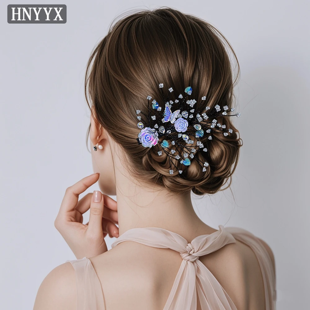 HNYYX Fashion Girl Crystal Hairpin Rose Butterfly Rhinestone Hair Accessories Baroque Hairclips Party Handmade Crown Tiara A182