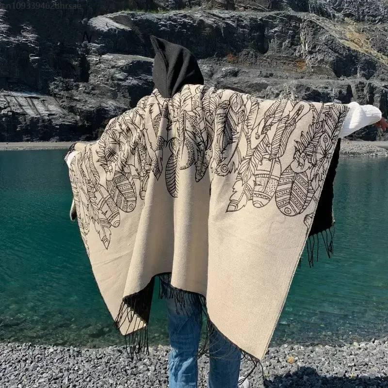 

Vintage Tassel Cape Coat Fringe Poncho Men Coat Bohemian Shawl Scarf Warm Cashmere Blend Pashmina Print Capes Bigsize Shawl 2025