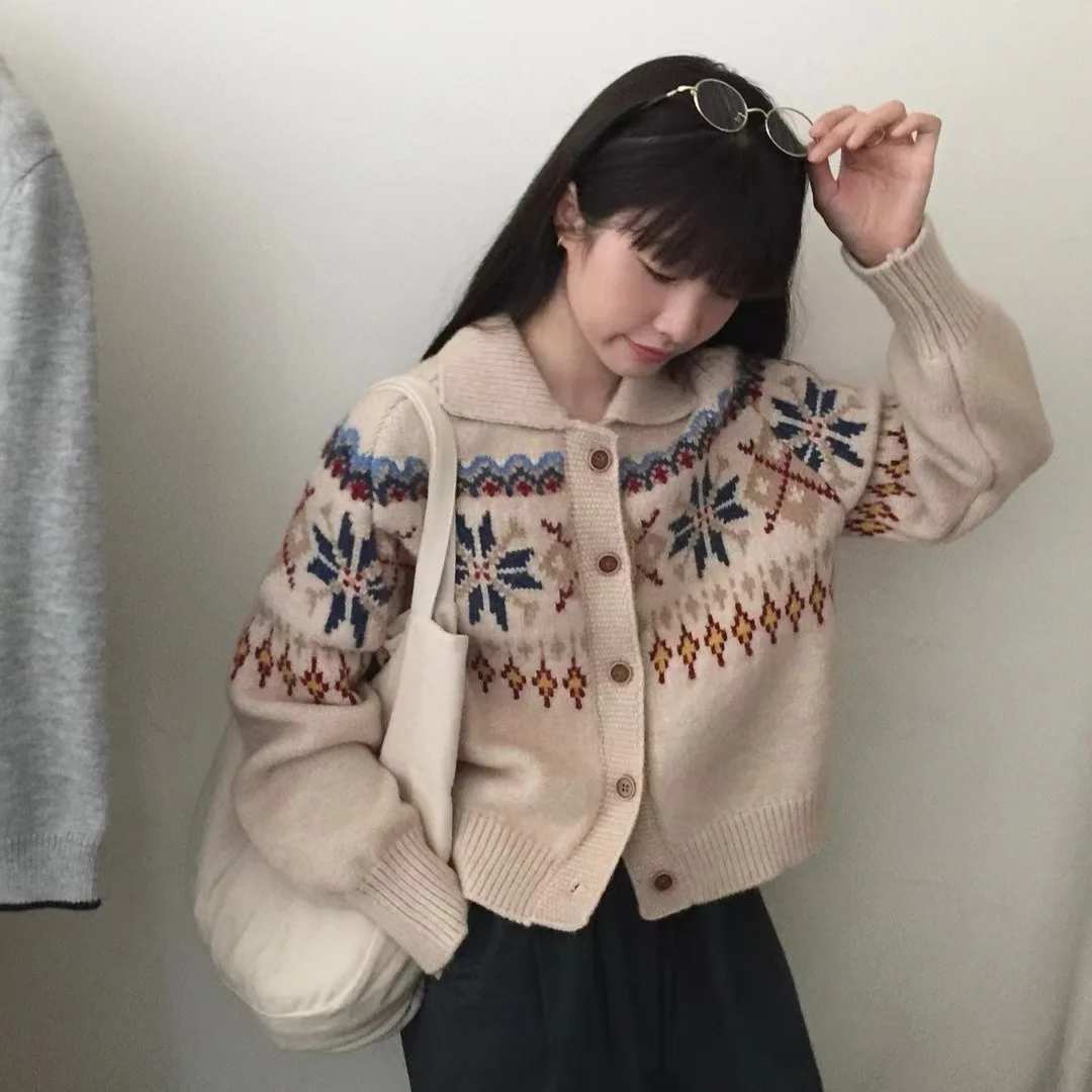 Sweater Wanita Lengan Panjang Cetak Jumper Cardigan Kancing Tunggal Saku Longgar Musim Gugur Kasual 2025 Rajutan Sedikit Elastis