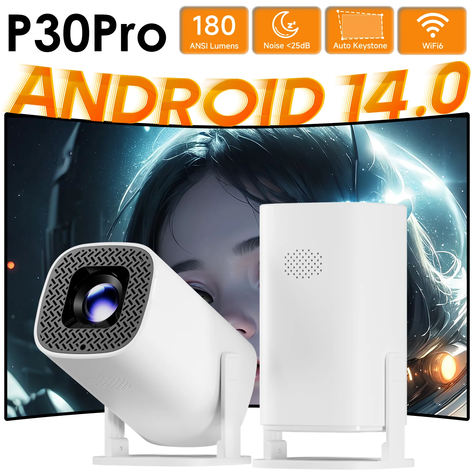 Proyector 4k Android 14 P30 PRO Smart Mini WiFi6 BT 5.0 Compatible con Video 1280 * 720P, Cine en Casa Inteligente, Proyector Portátil para Exteriores