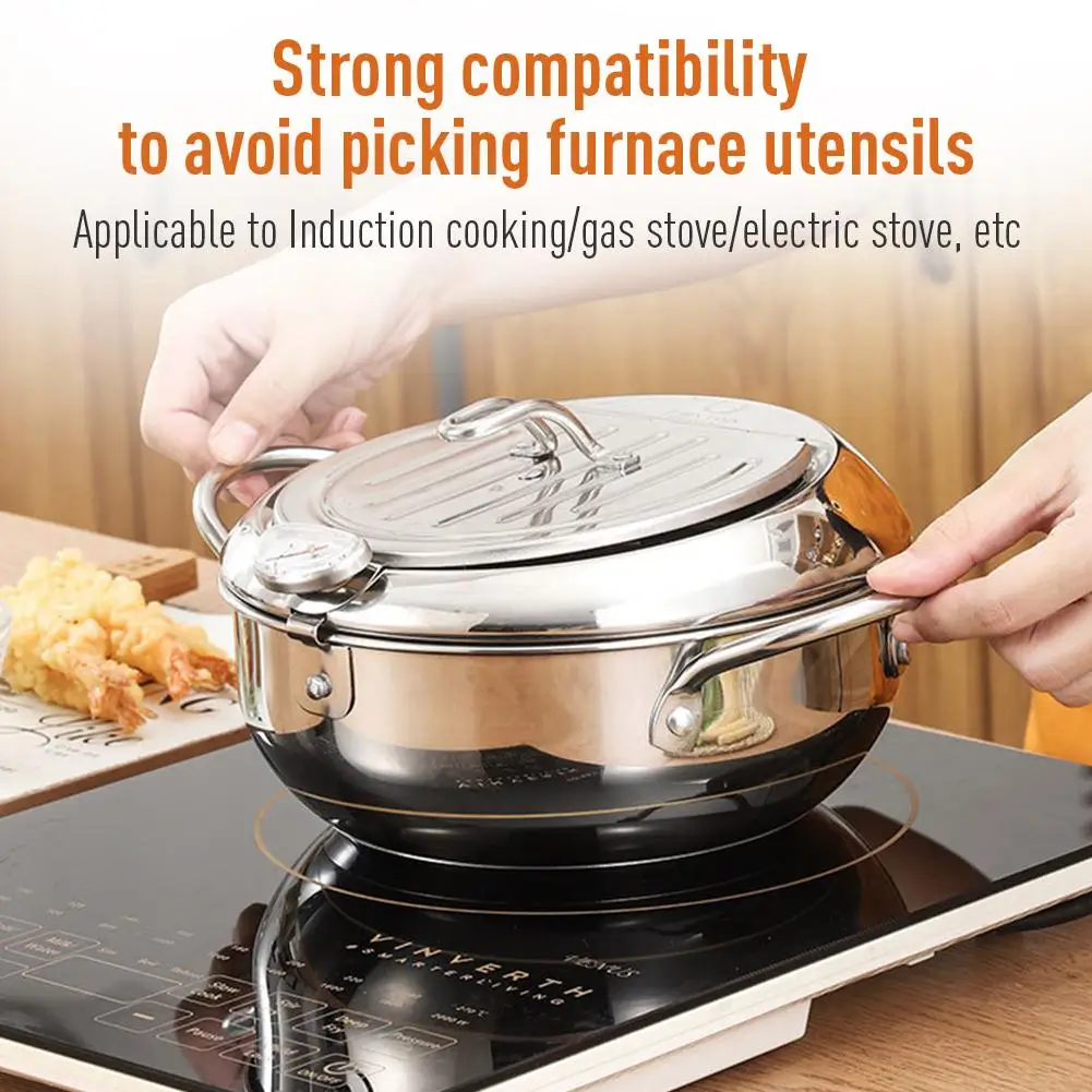 

Deep Fryer Pot Tempura Frying Pan 304 Stainless Steel Flat Bottom Japanese Style Cookware W/Lid &Temperature Control Thermometer