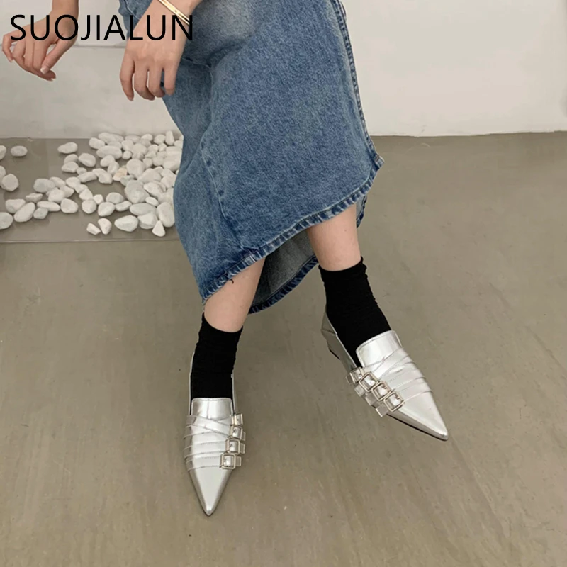 SUOJIALUN 2023 Autumn Ladies Women Flat Shoes Fashion Brand Buckle Women Elegant Laofer Shoes Flat Heel Slip On Dress Ballerinas