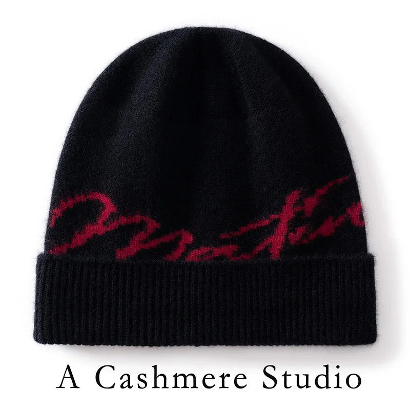 Unisex 100% Goat Cashmere Thick Knitted Hat Outdoor Warm Hat For Men/Women Winter High Quality Knitted Jacquard Bean Hat