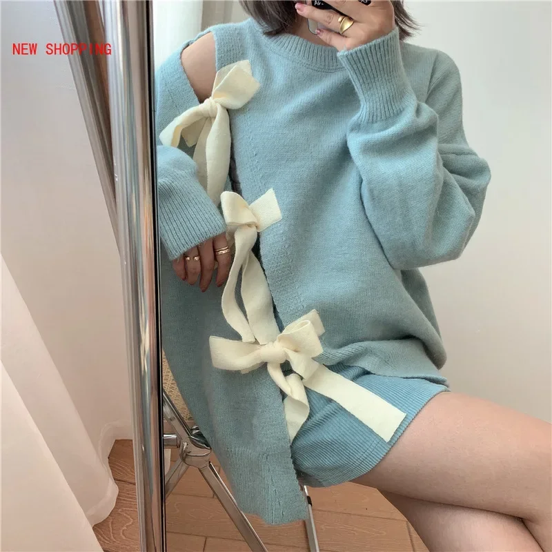 Causal Fashion Korean Bow Tie Hollow-out Split Pullover Sweater Long Sleeve O-neck Knitted Tops 2024 Autumn Winter Knit Jumper