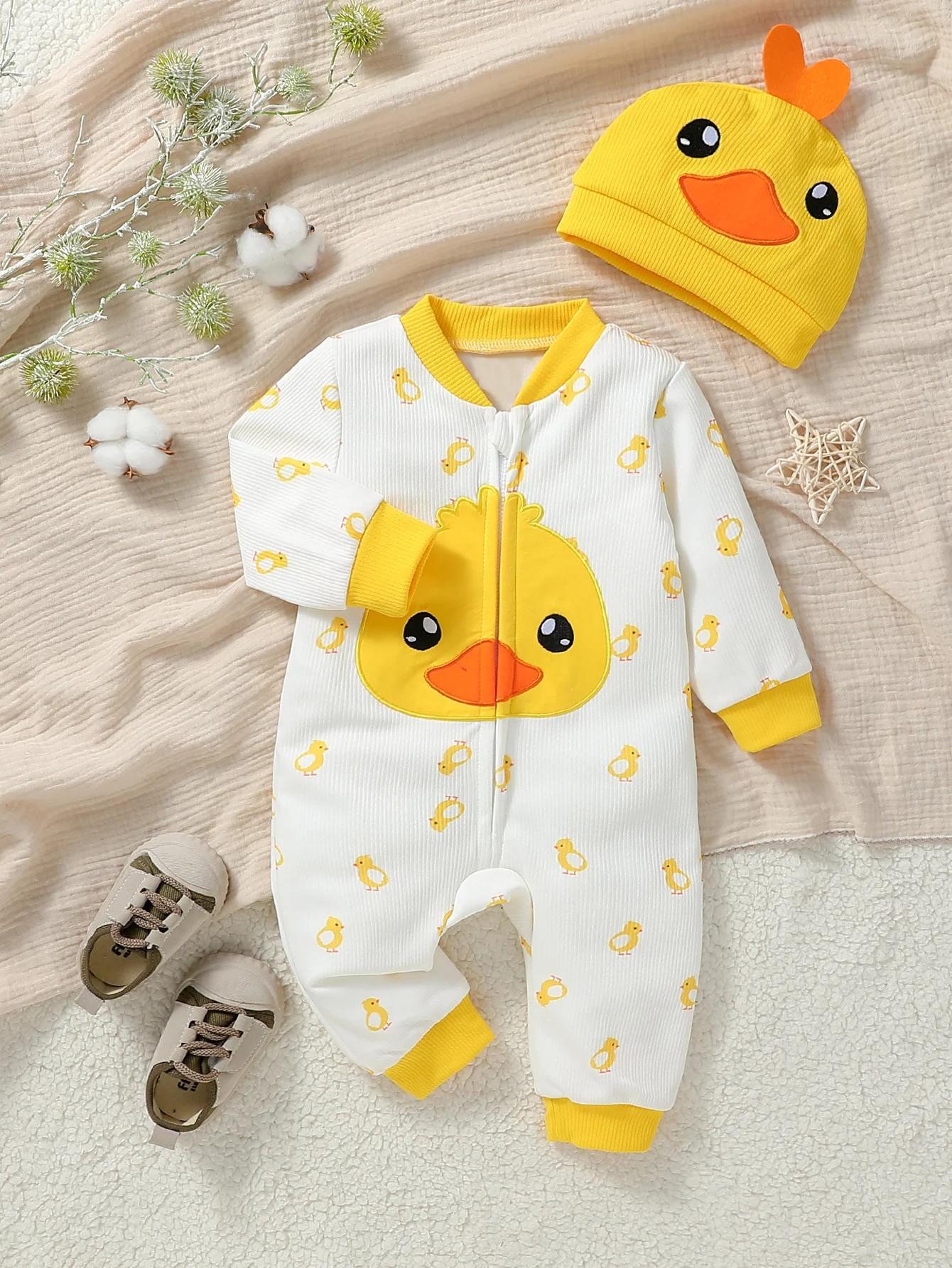 Baby Boys/girls Cute Long Sleeve Zipper Jumpsuit Duck Hat 2 Pieces For Fall/Winter 1-2Y Casual Daily Wear Clothes