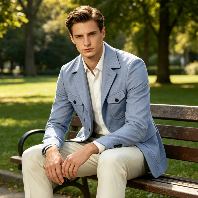 Men's Wool Blazer Notched Lapel Slim Fit 3 Buttons Suit Jacket Multi Pockets Casual Business Autumn Winter Dress Coat Daily Wear
